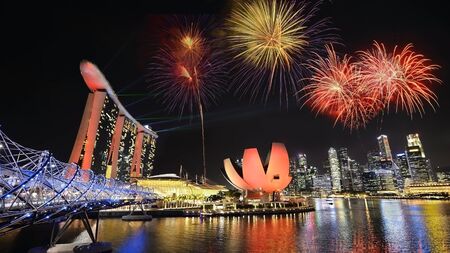 Fireworks of celebrations in Marina Bay, Singapore.のeditorial素材