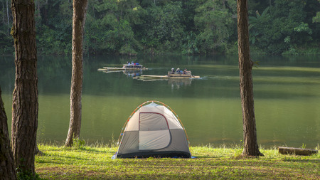 Camping in a forestの写真素材
