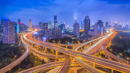 Shanghai, China Highways and Cityscapeの写真素材