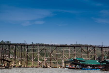 old an long wooden bridge at Sangklaburi,Kanchanaburi province, Thailandのeditorial素材