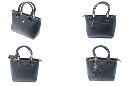Black leather women's handbags isolate on whiteの写真素材