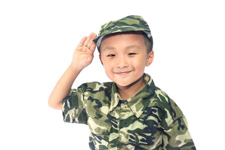 little boy with Soldier suit isolated on white backgroundの写真素材