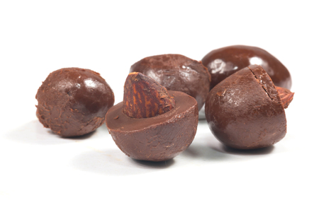 Almond chocolate isolated on white backgroundの写真素材