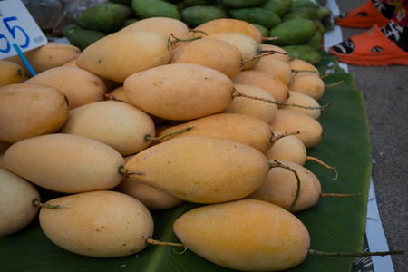 ripe Mango in the market banana leafの写真素材
