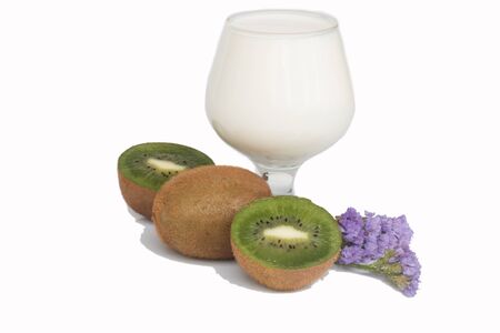 Bread with milk and Purple lavender bouquetの写真素材