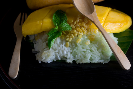 Thai style tropical dessert, glutinous rice eat with mangoes(mango and sticky rice)の写真素材