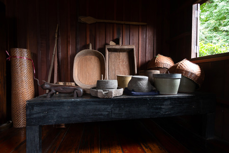 old kitchen In the ancient house made of woodの写真素材