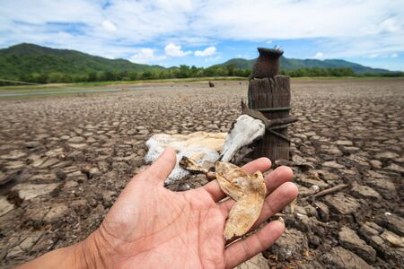 Villagers are searching for fish at Land with dry and cracked ground because dryness global warming,...