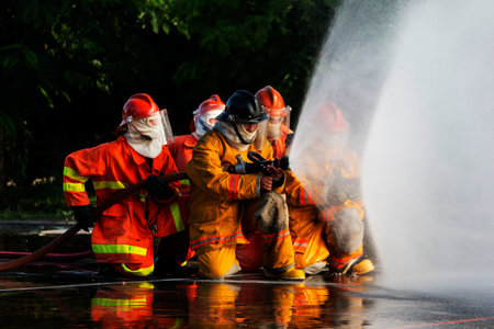 Firefighters are practicing firefighting plans are putting out a burning fireの写真素材