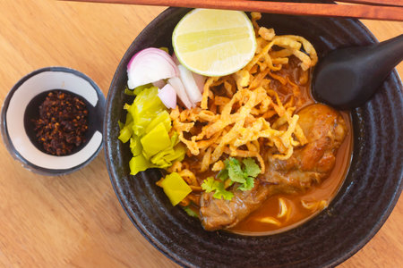 Khao Soi Chicken or Northern Thai curry noodles or Northern Thai coconut curry noodlesの写真素材
