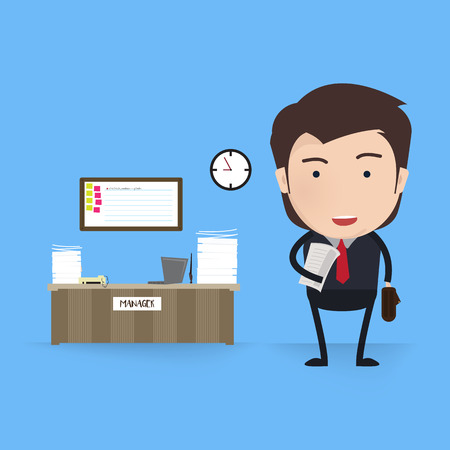 Office worker. Business work, desk and workplace, employee man, businessman, workflow and workspace.のイラスト素材