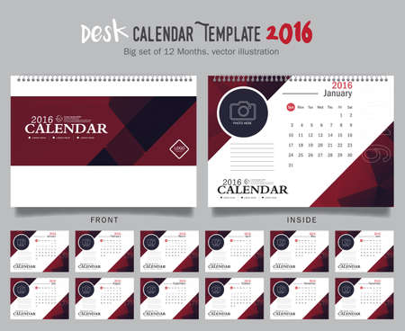 Desk Calendar 2016 Vector Design Template. Big set of 12 Months. Week Starts Sundayのイラスト素材