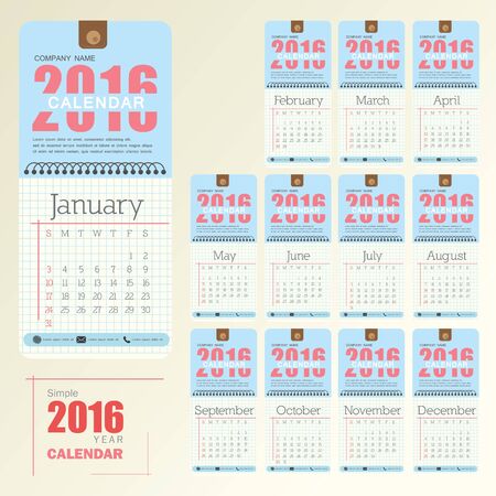 Desk Calendar 2016 Vector Design Template. Big set of 12 Months. Week Starts Sundayのイラスト素材