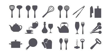Simple line drawing illustrations of cooking utensils and tableware.のイラスト素材