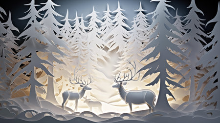 snow winter, a christmas tree, Santa Claus, reindeer, in white paper cut artの素材