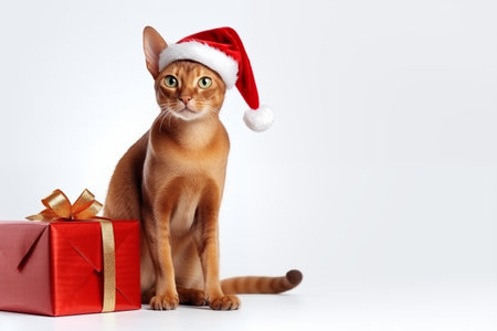 a smiling Abyssinian cat wear santa claus suit holding gift box on white backgroundの素材