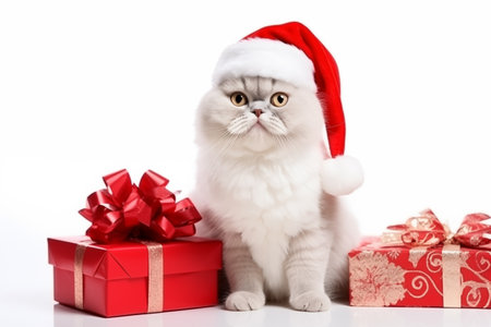 a smiling Burmilla cat wear santa claus suit holding gift box on white backgroundの素材
