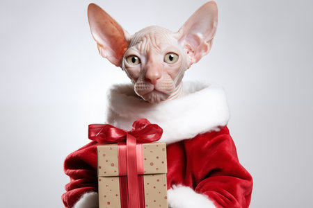 a smiling Cornish Rex cat wear santa claus suit holding gift box on white backgroundの素材