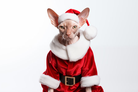a smiling Cornish Rex cat wear santa claus suit holding gift box on white backgroundの素材
