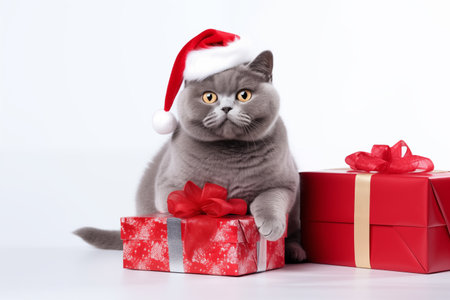 a smiling British Shorthair cat wear santa claus suit holding gift box on white backgroundの素材