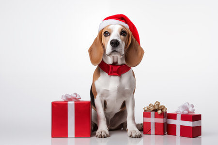 a smiling BEAGLE dog wearing santa claus suit holding gift box standing on isolate white background,の素材