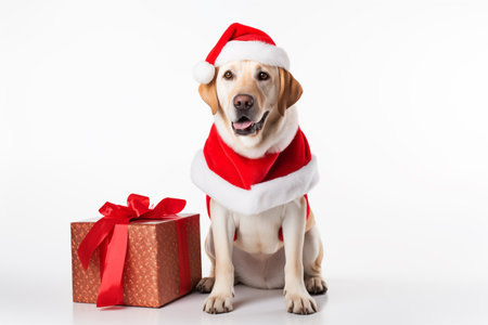 a smiling  LABRADOR RETRIEVER dog wearing santa claus suit holding gift box standing on isolate white background,の素材