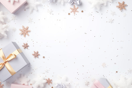 top view angle of gifts box and objects on white snow floor with blank copy space  Generative Aiの素材