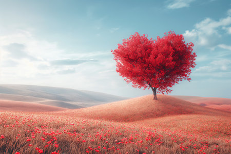 pastel tree in heart shape on the hill for valentine's day conceptの素材