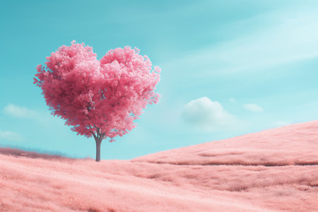 pastel tree in heart shape on the hill for valentine's day conceptの素材