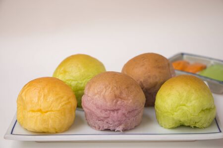 fresh bread and sauce on white backgroundの写真素材