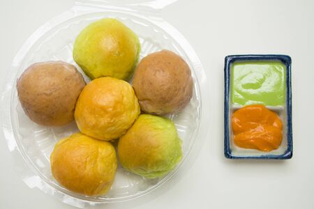 Bread stuffed with custard Thai style bread, custard bread with egg yolk, milk, butter, Pandan scent to make Thai bakery.の写真素材