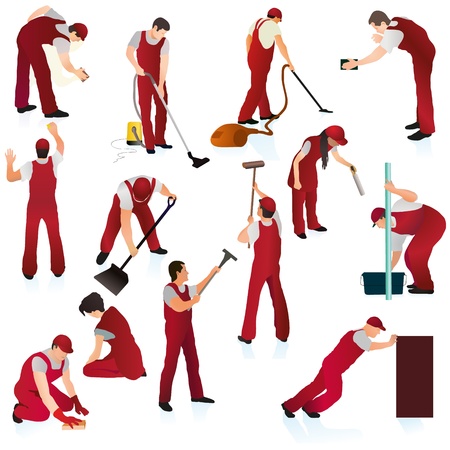 Set of thirteen professional cleaners in the red uniformのイラスト素材