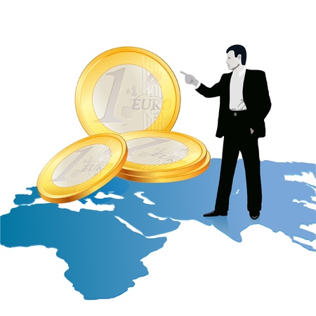 Businessman on wold s map pointing at big Euro coinsのイラスト素材