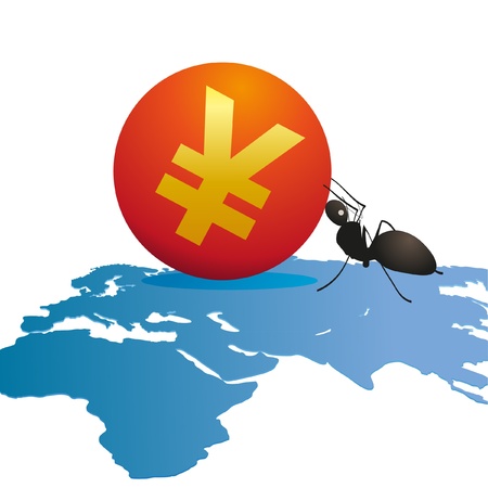 Ant with a big symbol of Yuan on world s mapのイラスト素材