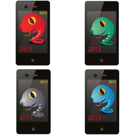Set of four snakes on the screen of the phoneのイラスト素材