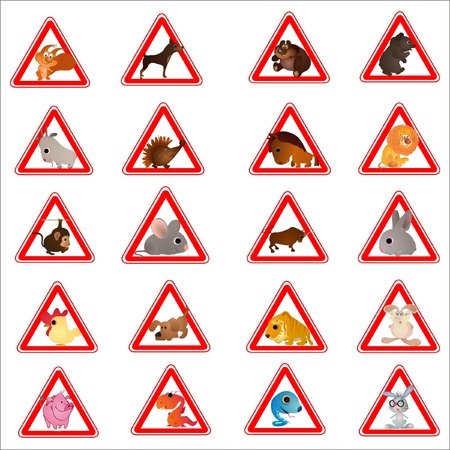 Set of 20 funny animals designed as warning road signesのイラスト素材