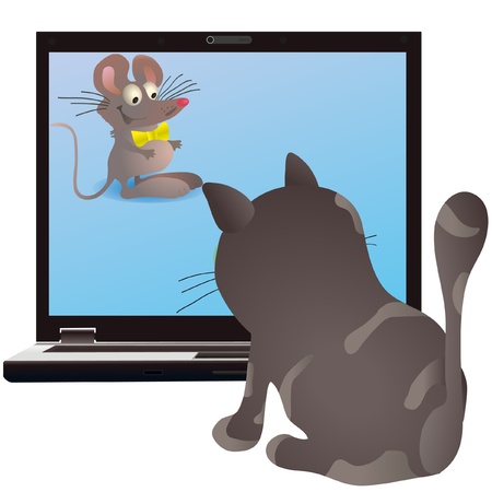 Cat and little mouse on the screen of the notebookのイラスト素材