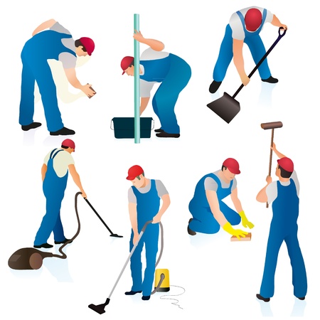 Set of seven cleaners in blue uniformのイラスト素材
