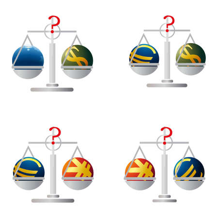 Four balances with symbols of Euro, US Dollar, Yuan and Earthのイラスト素材