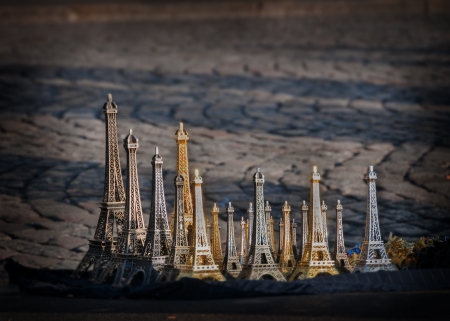 Souvenir of eiffel tower placed on a footpath in Montemarte Parisの写真素材