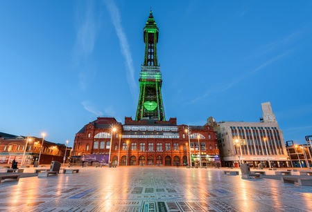 Blackpool tower a major attraction of Blackpool illuminated in green lights.のeditorial素材