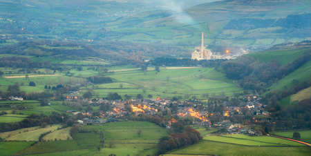 View of castelton and the Cement Works Factory In The Hope Valley, The Peak District Derbyshire...