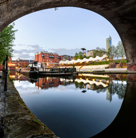 Framed view of Castlefield Bowl and the Bridgewater Canal at Castlefield, Manchester, UKのeditorial素材