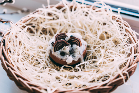 decorative soap in wicker basket with straw