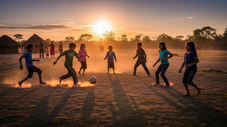 Group of children playing soccer in the field at sunset time. Children are playing football.の素材