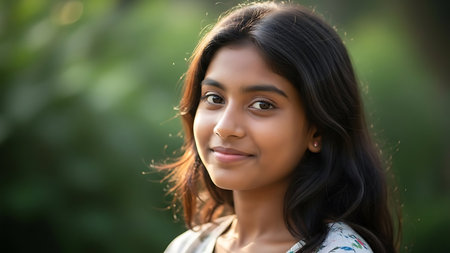 Portrait of a beautiful young woman smiling at the camera outdoors.の素材