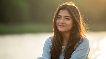 Portrait of a beautiful asian woman in the park at sunsetの素材