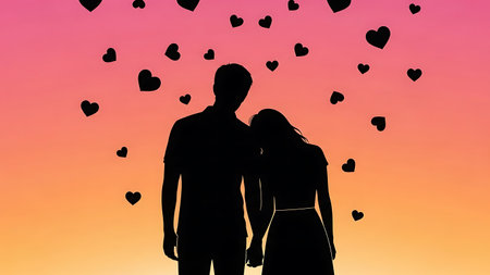 Silhouette of a loving couple against the background of hearts.の素材