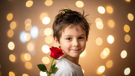 Cute little boy with red rose on bokeh lights backgroundの素材