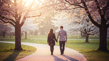 Couple in love walking through blooming cherry garden in springtimeの素材